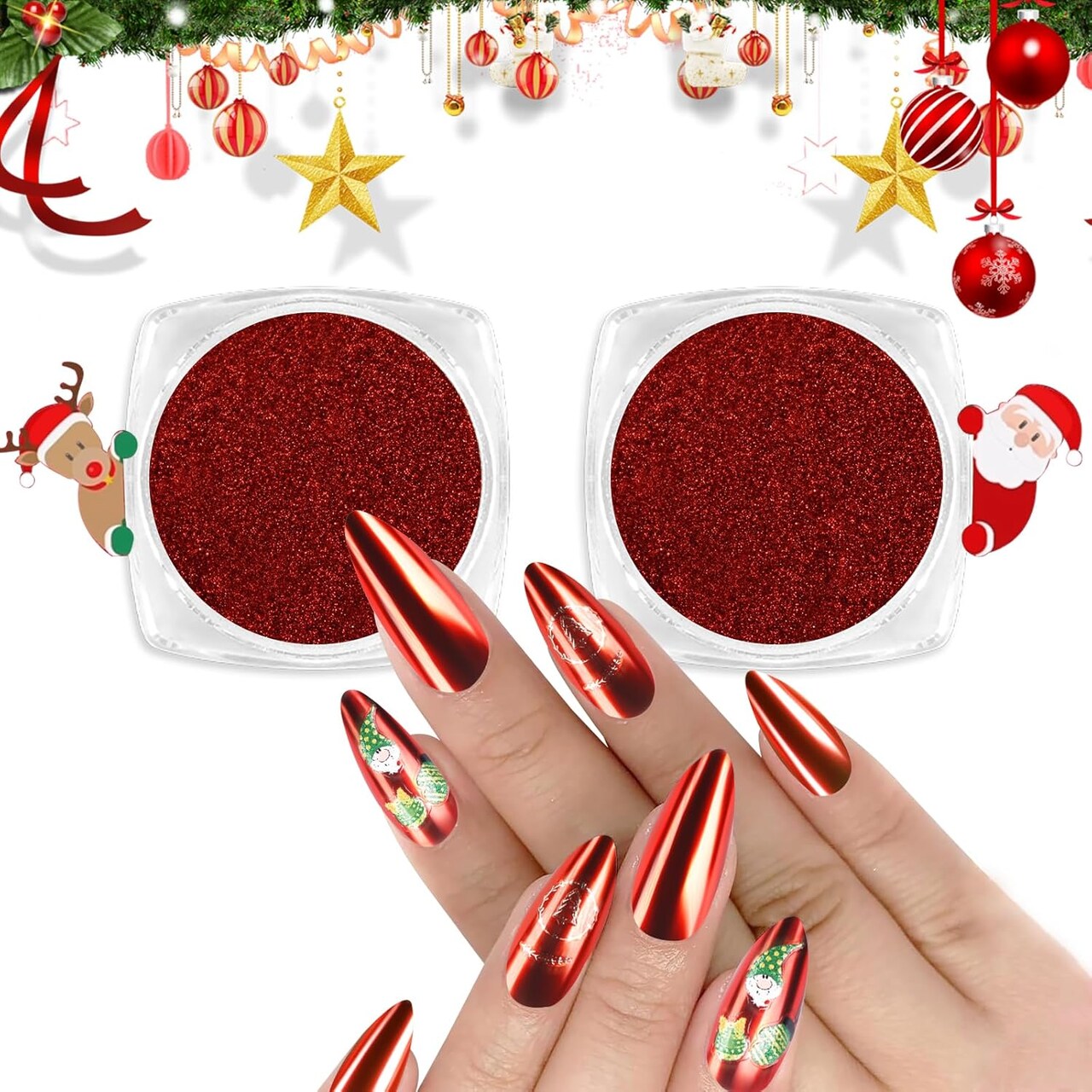 Red Chrome Nail Powder – 2pcs Metallic Mirror Effect Glitter Dust for Gel & Acrylic Nails, Holographic Pigment for Valentines & Christmas Nail Art